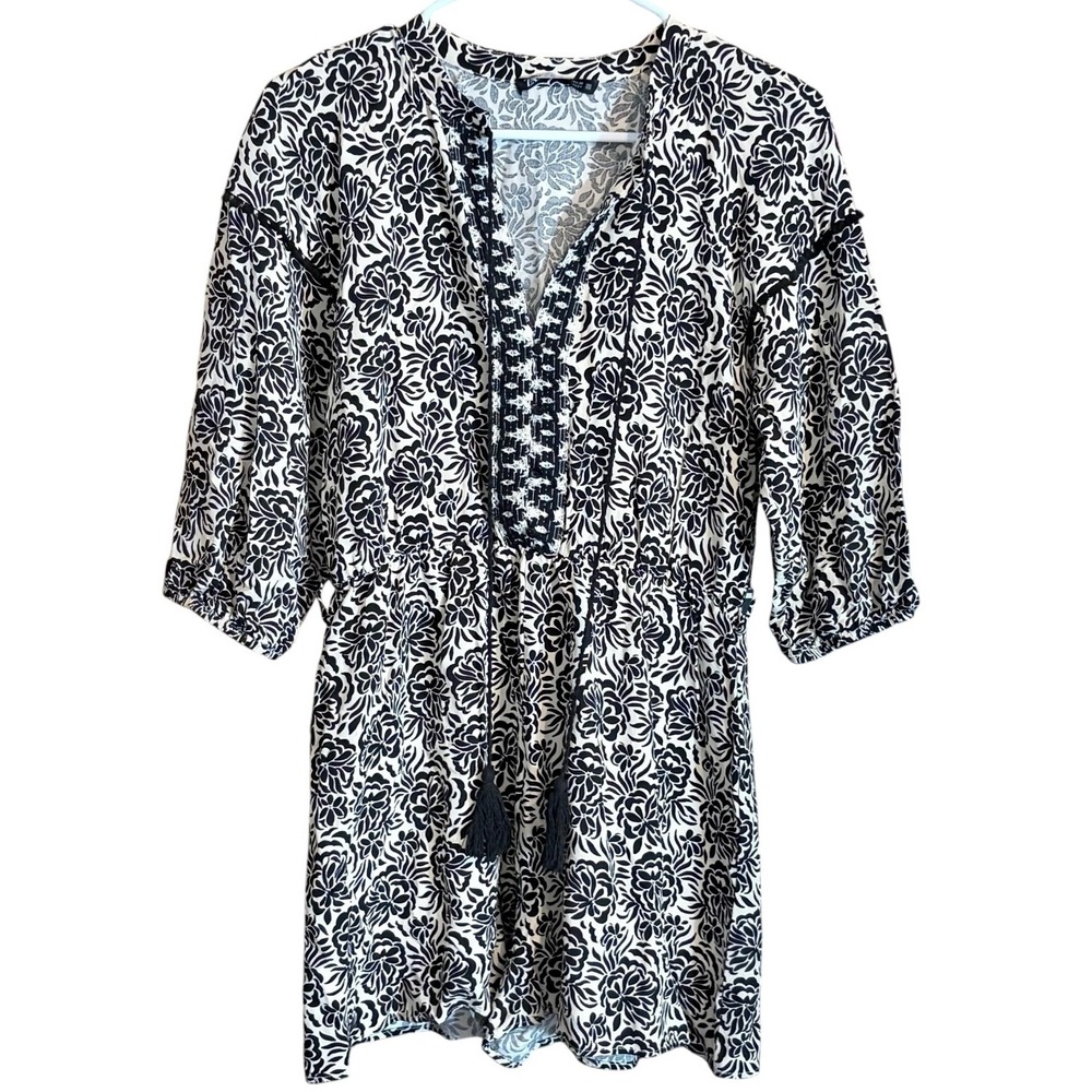 Zara Floral Boho Romper Women Medium Black Beige Tassel Tie 3/4 Sleeve